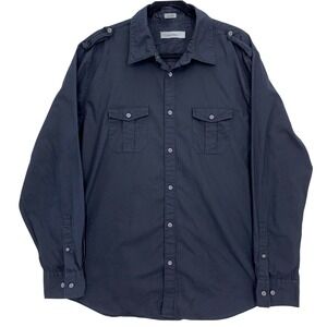 Calvin Klein Black Button Down Shirt L Epaulettes Utility Pockets Cotton